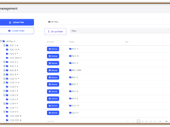 Overview of a file management system dashboard showing a list of folders, including AUC and CU files, with options to upload files, create folders, and manage actions for each folder.