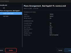 HuMidi v2.0 Save and Load screen, showing precompiled playbacks of MIDI, organized per-midi basis.
