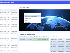 Supply chain network design interface showing item-level network mapping, customer demand, sales forecasts, and scenario-based analysis across locations.
