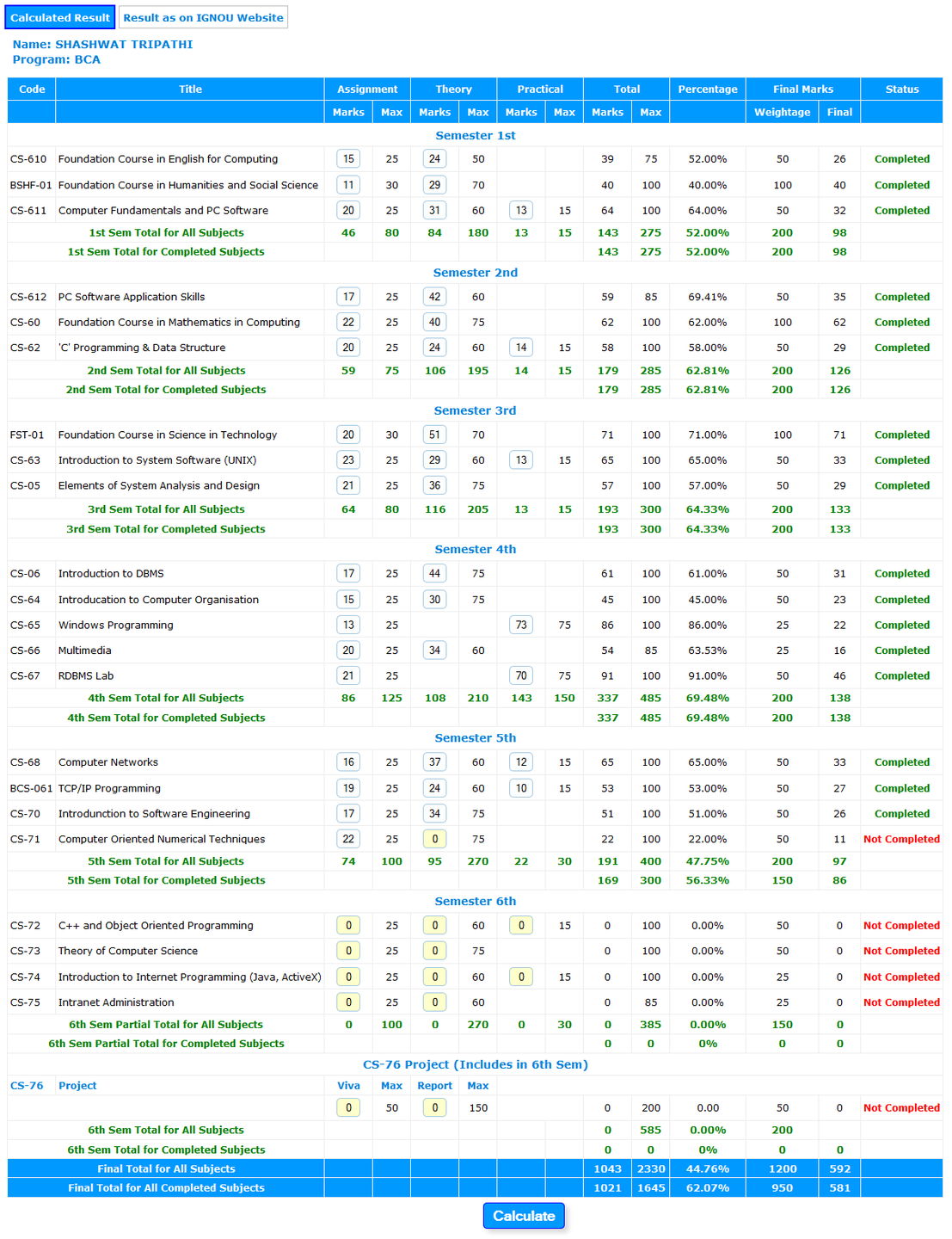 Sample IGNOU BCA Result Calculator