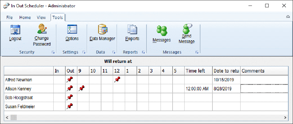 In Out Scheduler Main Screen