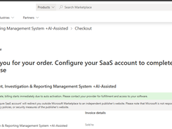 Confirmation from Microsoft Marketplace showing a successful purchase checkout screen for the AI-Assisted Incident, Investigation & Reporting Management System, featuring setup instructions to configure the SaaS account.