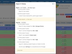 Administrators can view the report history. This shows all the activity on the report with user information, dates, and actions.