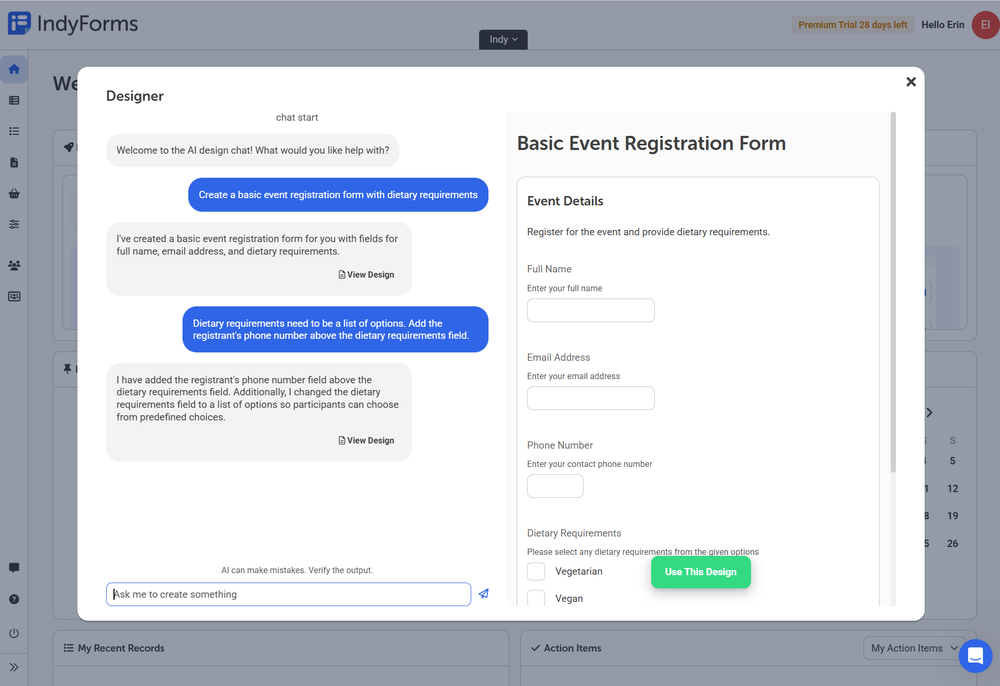 Using the AI-powered Form Designer in IndyForms to build forms fast.