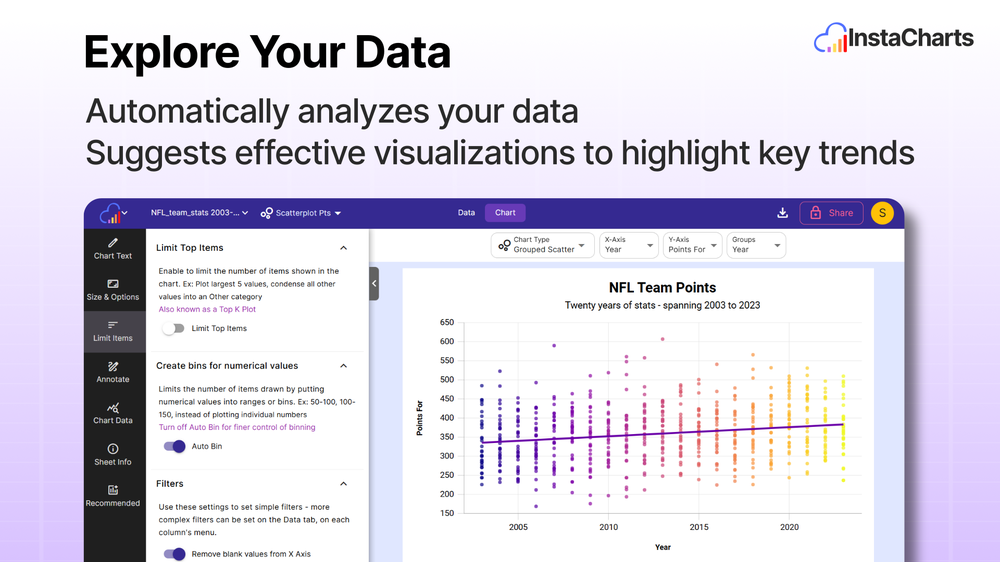 Data exploration, simplified. From messy spreadsheets to boardroom-ready insights in seconds. See your data differently with InstaCharts. 📊