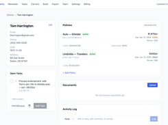 Client detail view showing contact info, active policies, open tasks, documents, and activity log