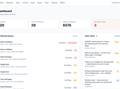 Agency dashboard with client count, active policies, annual premium, and renewal queue at a glance