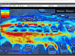 Heatmaps can also be generated, by classification type, and by motion or dwell. This shows the person movement through a parking lot. 