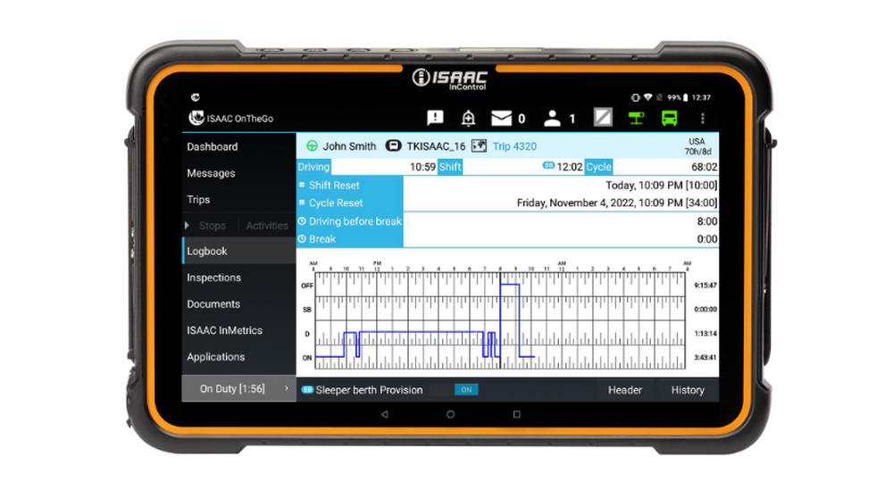 ISAAC InControl ELD: driver's hours-of-service (HOS) view