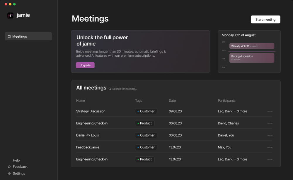 This picture displays jamie's dashboard, including an overview of all meetings and upcoming calendar events.