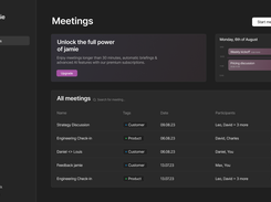 This picture displays jamie's dashboard, including an overview of all meetings and upcoming calendar events.
