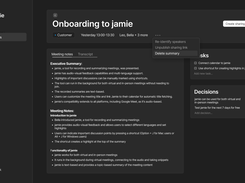 This picture showcases meeting notes generated by jamie, including a transcript, a topic-based summary and action items (tasks and decisions).