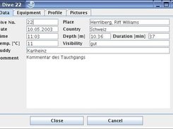 Detail window, Tab with dive data