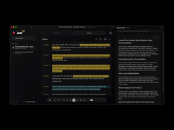 Jotr Workspace — full transcript view with playback and export options