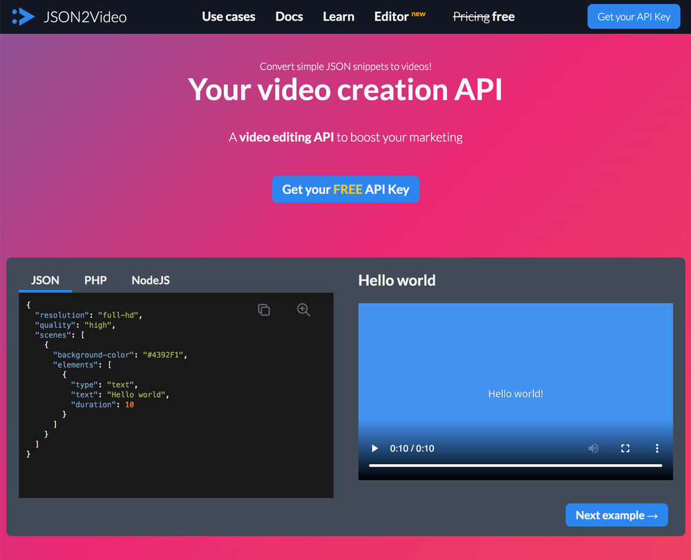 JSON2Video Home page