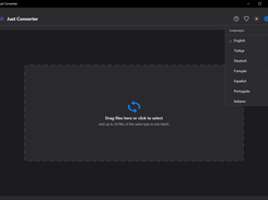 Just Converter dark mode interface with the language selection menu open.