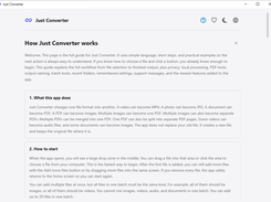 Just Converter help guide screen explaining how the app works step by step.