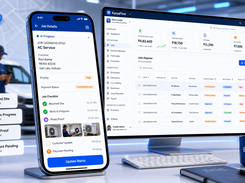 KaryaFlow mobile technician workflow showing job details, checklist progress, proof capture, customer updates, and payment status from the field.