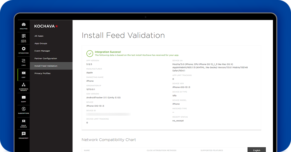 Kochava Dashboard - Install Feed Validation