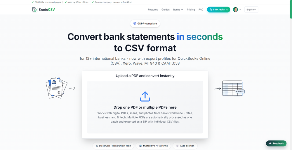 Upload single or multiple bank statement PDFs and convert them into structured accounting data in seconds.