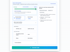 Select export formats for common accounting workflows, including CSV, MT940, CAMT.053, QuickBooks Online, Xero, Wave and Zoho Books.