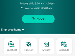 UKG Ready Employee Home (mobile view) features everything employees need to manage their work day.