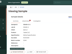 Sample record in LabHQ — full traceability from job and sample ID through to approval status, with one-click access to certificates, labels, and audit trail.