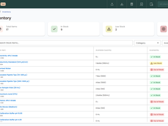 Inventory Stock management in LabHQ — instant visibility of reagent and consumable inventory levels, with in-stock, low stock, and out-of-stock status across all items.