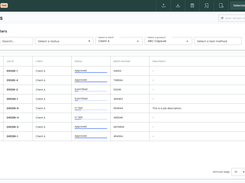 Jobs view in LabHQ — filter and track all active jobs by client, product, status, and batch number, with live auto-refresh to keep the whole team aligned.