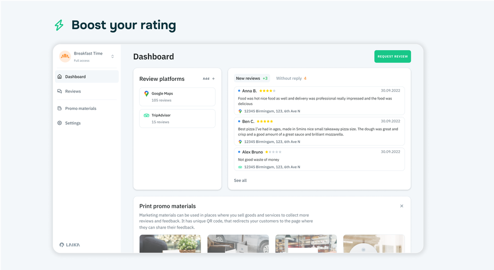 Increasing the amount of positive reviews will improve your rating and online reputation. A higher rating increases customer trust & boost sales.