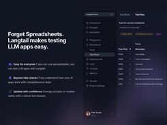 Langtail simplifies testing for LLM apps with a user-friendly, spreadsheet-like interface. The platform allows users to test LLM prompts and model changes with real-world data, ensuring accurate AI performance. Key features include easy-to-run test evaluations, comprehensive insights beyond basic checks, and the ability to safely update models with robust test datasets. The interface highlights various test runs with pass rates for individual prompts, helping teams monitor and improve AI application performance.