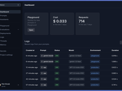 Langtail’s dashboard shows prompt testing activity, including cost, requests, and recent logs. It provides a quick view of prompt status, models used, and environments, allowing users to efficiently monitor and manage AI apps.