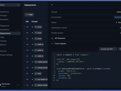 Langtail’s Deployments screen shows active prompt deployments, environments, and statuses. Users can access ready-to-use code snippets for fast API integration, making deployment and prompt versioning seamless for development teams.