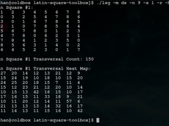 The Latin Square Generator Tool generates an order-9 Latin square, and then counts the number of its transversals and prints its transversal heat map (with non-uniform heat values) in human-readable form
