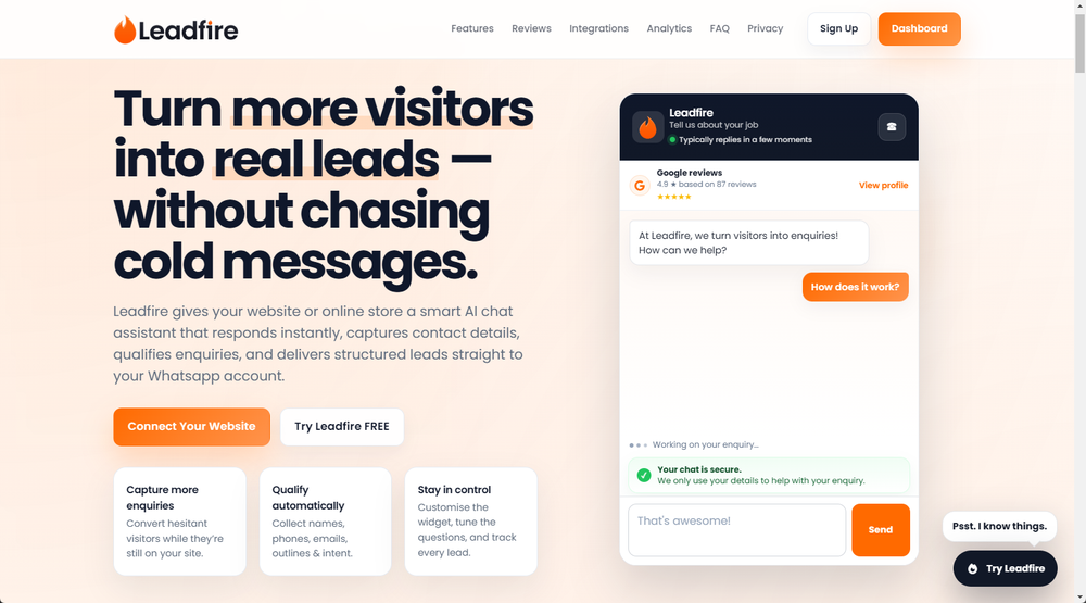 Leadfire sits neatly on your site, ready when visitors need help.