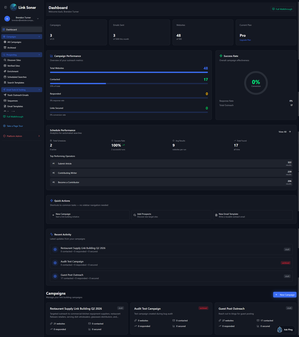 Link Sonar link building software dashboard
