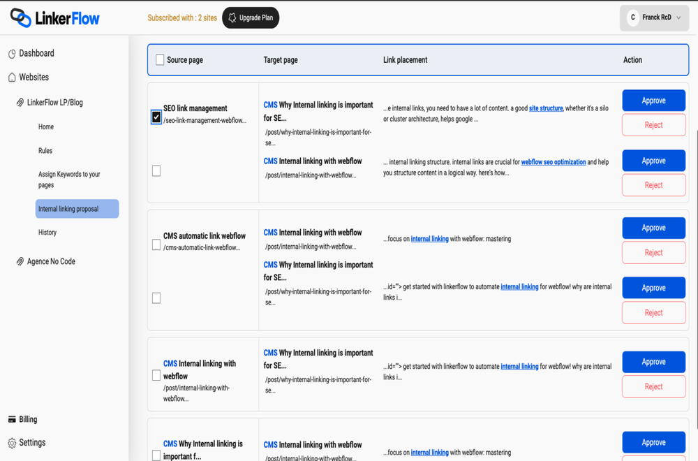 Link Suggestions to publish or reject