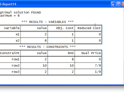 Linear Program Solver Solution Report Window