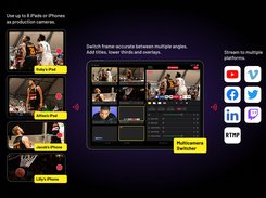 Use up to 8 iPads or iPhones as production cameras. Switch frame-accurate between multiple angles. Add titles, lower thirds and overlays. Stream to multiple platforms.