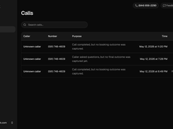 Monitor calls as they come in with a real-time call log for your AI receptionist. Instantly see who called, what they asked for, when the call happened, and whether a booking or follow-up was captured, with recordings available as soon as the call ends.