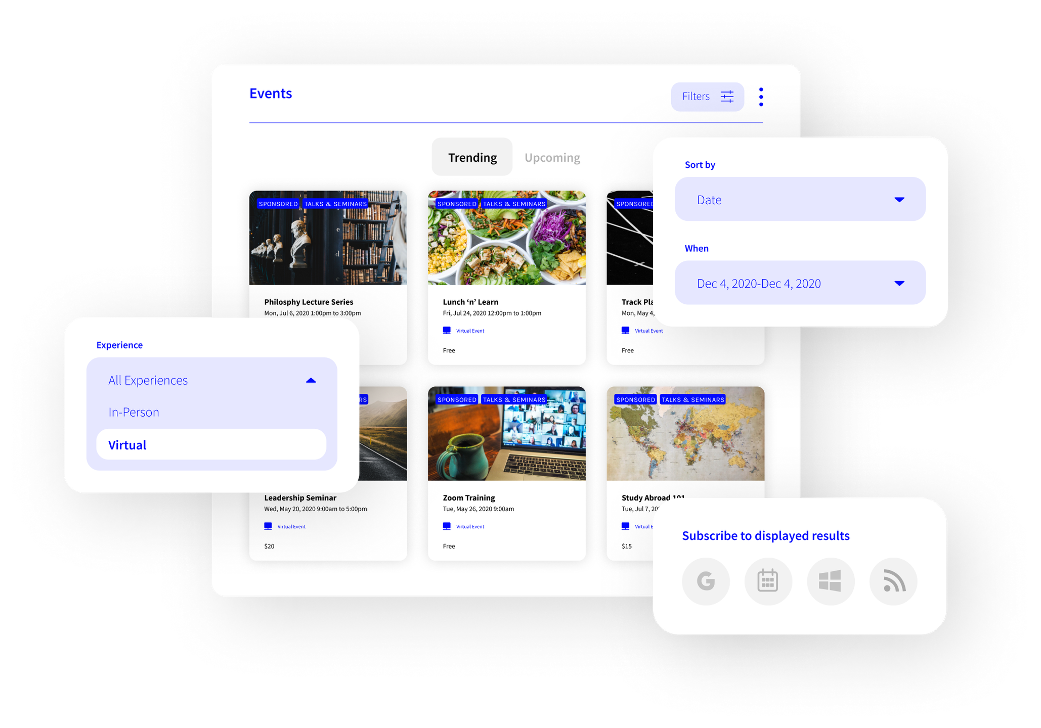 Bring all your events into a single interactive calendar to provide a centralized experience for all visitors.
