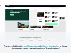 This screenshot illustrates how Škoda Auto uses Luigi's Box Autocomplete to display relevant results instantly, even before clicking "Show all products."