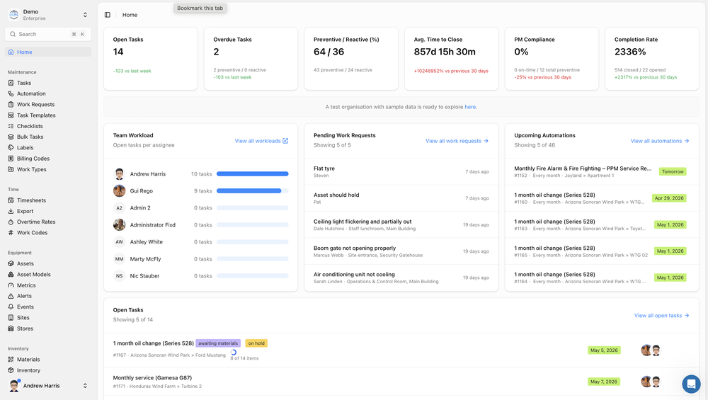 Maintenance dashboard for quick insights