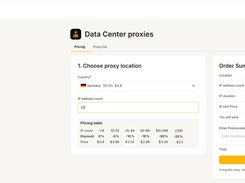 Static datacenter proxy setup: select country and number of IPs and instantly see total cost and discount level