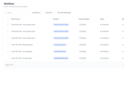 Workflows inbox: every AI run reviewable by your team - The review queue for autonomous claims processing. Each run shows its workflow type, status, and human-feedback state, so the claims team always knows what the AI did and what needs a human look. 