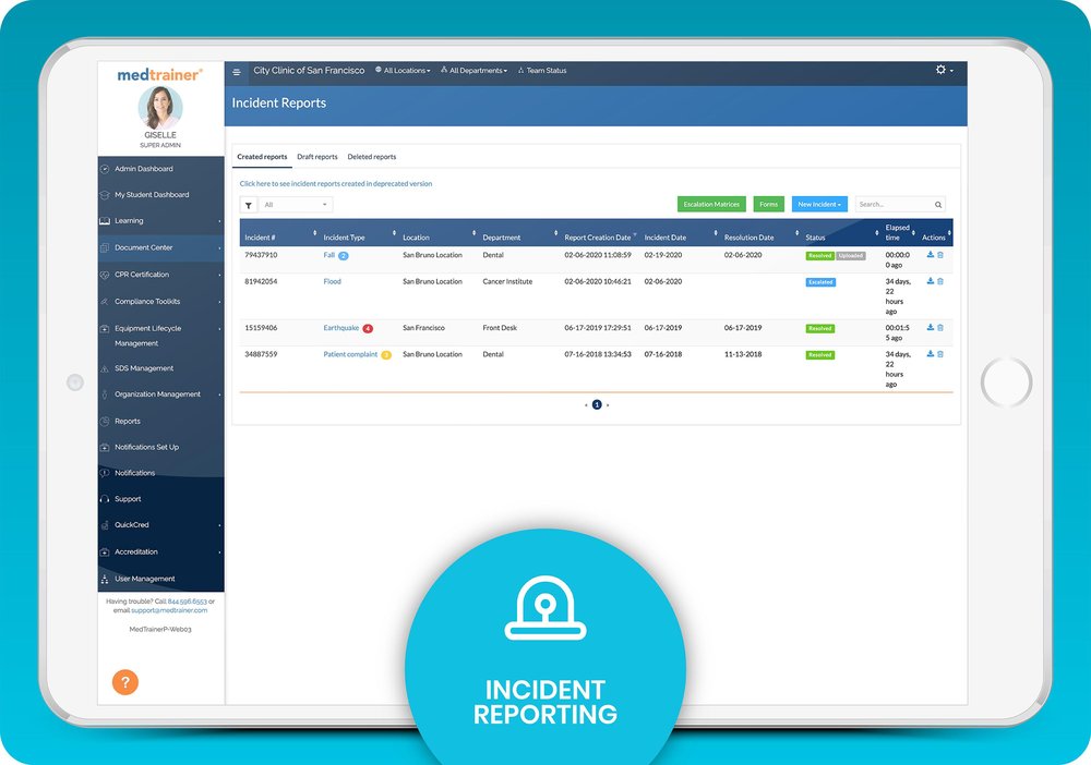 Automatize the reporting process and remain OSHA-compliant with regulatory requirements from federal, state and third party accreditation bodies. No matter the type of incident, you can upload or create records directly from your MedTrainer platform any time and adverse event happens in your facilities.