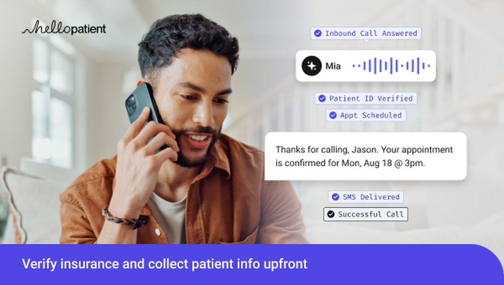 When a patient calls, a Hello Patient AI agent answers, confirms their identity, books the appointment, and texts a confirmation, with no hold and no voicemail.