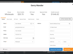 Customer Summary - MicroBiz features a front register that tells you everything that you need to provide excellent customer service.  In addition to contact information, the front register customer summary  displays the customer pricing group, issuance and redemption of gift cards purchased by the customer, store credits linked to the customer, outstanding special orders and status of the default credit account.