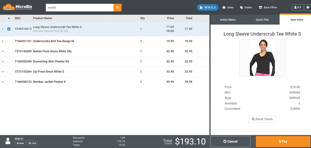 Front Register - Quickly scan items into the register using bar codes – or add items with one touch. Discount individual items, groups of items or the entire transaction. You can do price checks and check inventory. It’s so intuitive that employees will be able to use the POS application with almost no training.