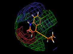 MIPs for hydrophobic (green), H-Bond acceptor (blue) and H-Bond donor (red) probes over Sustiva molecule.